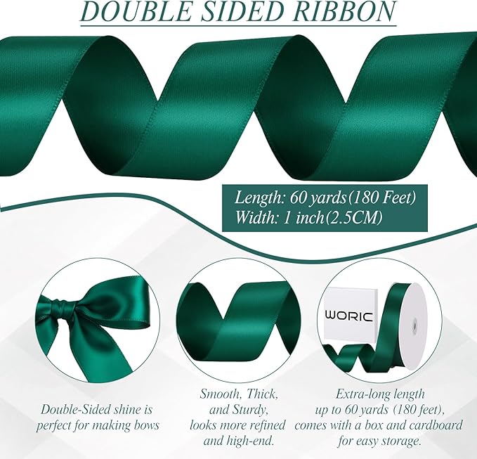 Dark Green Ribbon 1 Inch Christmas Ribbon Emerald Green Satin Ribbons 60 Yards for Gift Wrapping Bows Crafts Christmas Tree Xmas Decorations