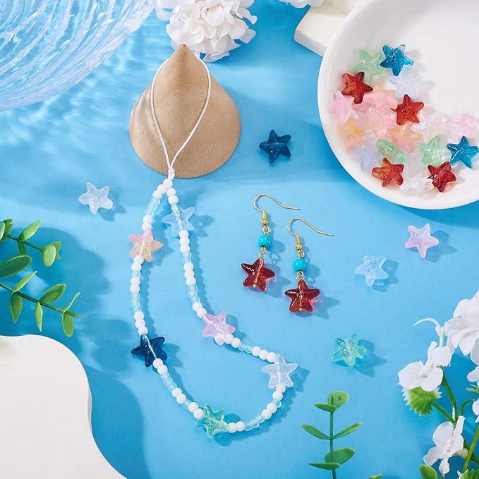 28Pcs 14mm Glass Star Beads Colorful Crystal Star Beads Ocean Animal Starfish Spacer Bead Five-Pointed Pentagram Bead for DIY Crafts Earring Lanyard Necklace Bracelet Jewelry Making