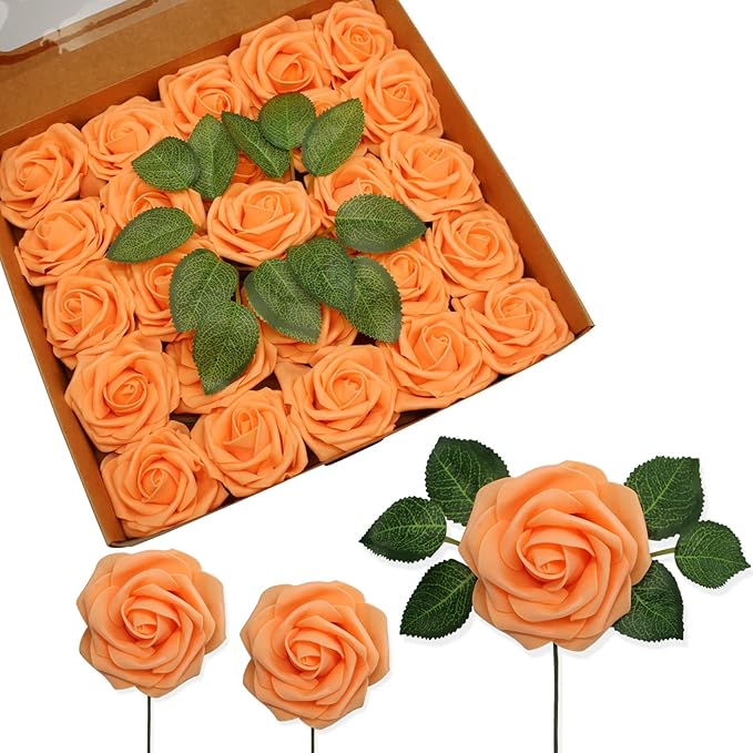 JOYLEX Artificial Flowers Realistic Roses, Real Looking Fake Roses with Stem for DIY Wedding Bouquets Centerpieces Bridal Shower Party Home Romantic Decorations (Orange, Regular 3" - 200pcs)