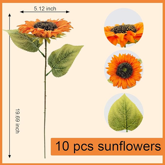 10 Pcs Sunflowers Artificial Flowers with Long Stems Silk Fake Large Sunflowers Bulk Bouquet Fall Decorations for Outdoor Indoor Home Vase Table Wedding Party Garden DIY Decor (Orange)