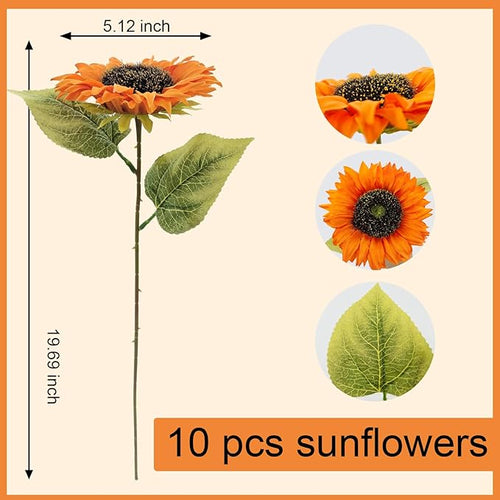 10 Pcs Sunflowers Artificial Flowers with Long Stems Silk Fake Large Sunflowers Bulk Bouquet Fall Decorations for Outdoor Indoor Home Vase Table Wedding Party Garden DIY Decor (Orange)