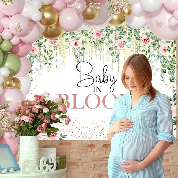 Sensfun Baby in Bloom Backdrop Green Leaves Pink Flowers Baby Shower Party Decorations Girls Greenery Floral Baby in Bloom Banner Gold Glitter Dots Photography Background Cake Table Supplies 8x6ft