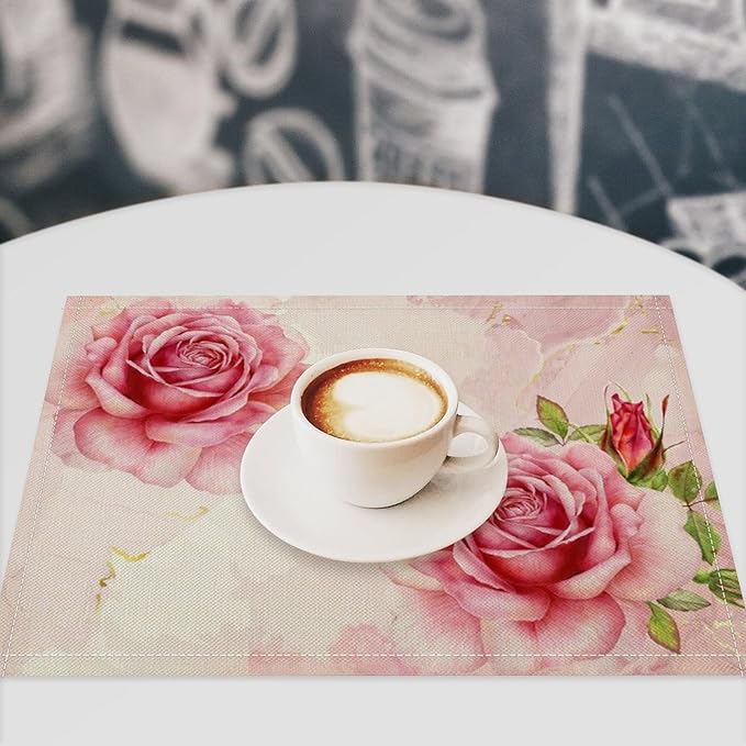 Pink Flower Placemats Set of 6, 17x12 Inch Romantic Watercolor Floral Rose Print Table Mats for Home Party Kitchen Dining Decor