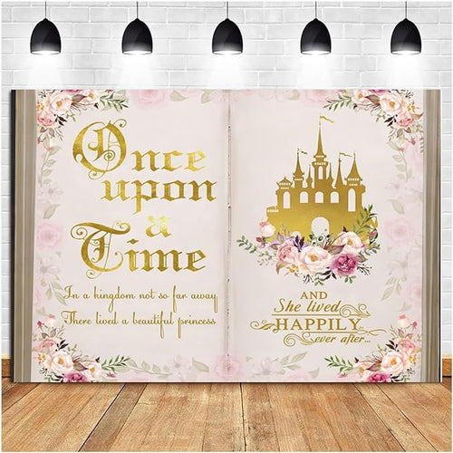 10x7ft Once Upon a Time Backdrop Pink Flower Gold Castle Photography Background Fairy Tale Books Floral Princess Girls Birthday Banner Decorations Fairytale Wedding Portrait Photo Booth Prop