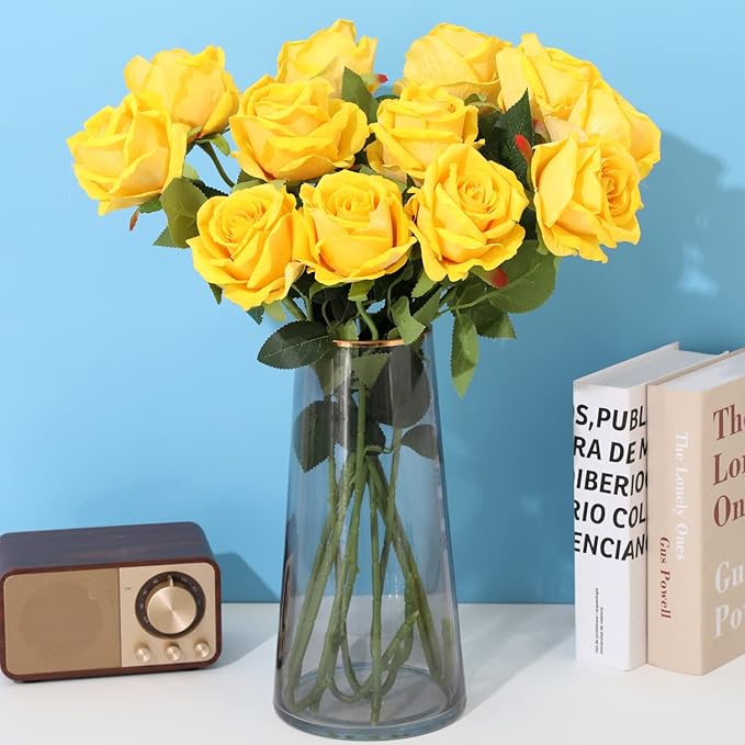 15Pcs Yellow Roses Artificial Flowers Fake Roses Long Stem Velet Rose Silk Flowers for Home Wedding Decoration (Round Rose,Yellow)