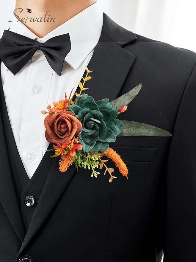 Serwalin Teal Orange Wrist Corsage and Boutonniere Set 2pcs, 6-7inch Boutonniere for Men, Corsage Wristlet Wristband Prom Flower Wedding Flowers Accessories Prom Suit Decorations