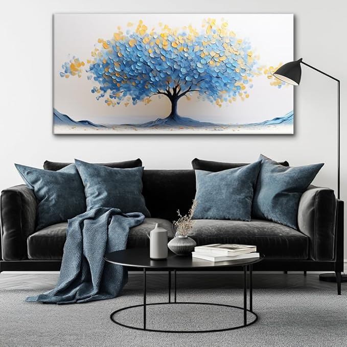 LAVIKARS Modern Tree of Life Wall Art for Living Room Office Navy Blue and Yellow Floral Abstract Landscape Canvas Painting Prints Large Nature Artwork Home Kitchen Bedroom Decor (16x30 Inches)
