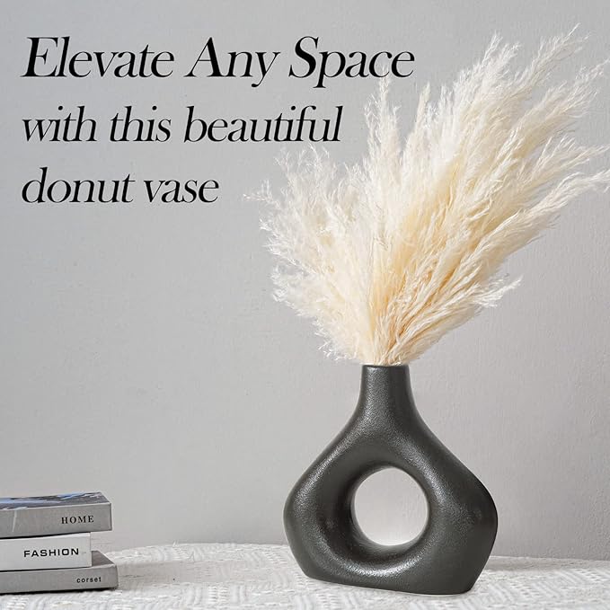 BLACK Ceramic Vase Set of 2 for Modern Home Decor, Round Matte Donut Vases for Pampas Grass, Neutral Boho Nordic Minimalism Style Flower Vases for Living Room Wedding Dinner Table Party Office Bedroom