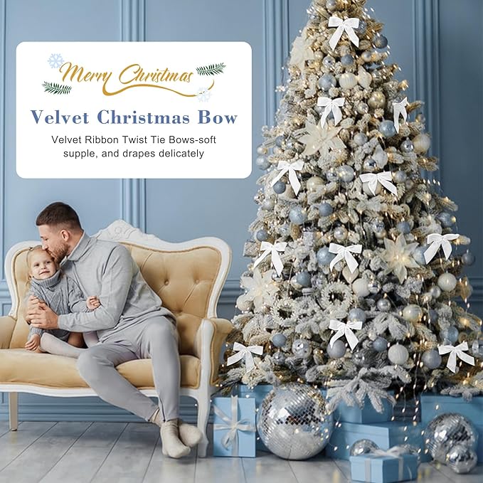 24 Pcs White Small Velvet Christmas Bows for Christmas Tree, Wreath, Gift Wrapping, Crafts, Wedding, Party, Twist Tie Bows for Treat Bag Bakery Candy Bags, Home Decor 1" W,3.5 x 3.5 inch