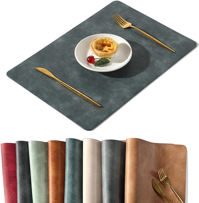UnivoColors Washed Cowhide Pattern PU Leather Placemats Set of 8 Heat Resistant Kitchen Table Mats, Waterproof Wipeable for Party Decoration(Blue)