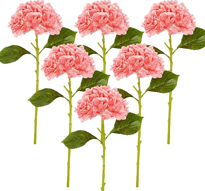 Fake Hydrangea Artificial Flowers with Stems 6 PCS 19.3" Latex Faux Hydrangea Flowers Bulk Real Touch for Vase Indoor Home Decoration Wedding Centerpieces Arrangements (Coral)