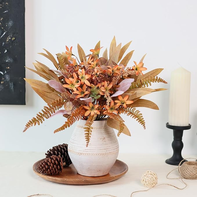 YXZZWL Artificial Greenery Stems Box Set for Fall Decorations，70 Pcs with 8 Kinds of Faux Eucalyptus Branches for Autumn Wedding DIY Bouquets Floral Arrangement Table Centerpieces (Brown & Orange)