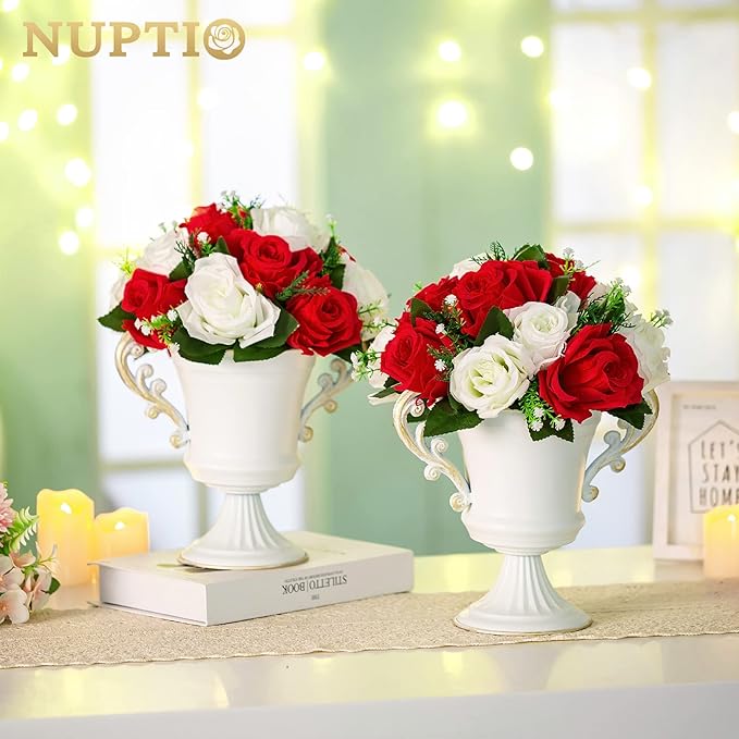 NUPTIO Flower Centerpieces for Wedding Tables: Red & White Artificial Flower Ball Arrangement for Christmas Thanksgiving Party - 2 Pcs Fake Floral Rose for Bridal Shower Decor