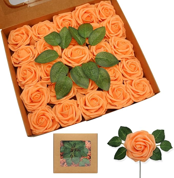 Artificial Roses Flowers 50pcs Real Looking Foam Fake Roses with Stems for DIY Wedding Bouquets Bridal Shower Centerpieces Party Decorations (50, Orange)