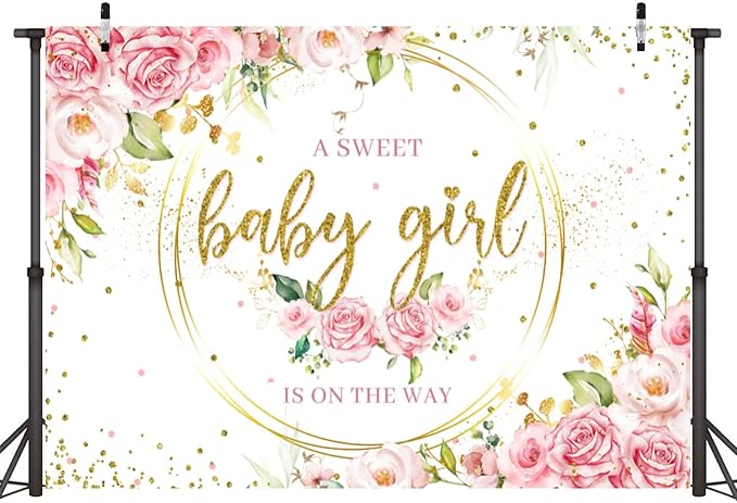 Sensfun Glitter Gold Pink Floral Baby Girl Baby Shower Backdrop Banner Decorations,Watercolor Flower Its a Sweet Baby Girls Baby Shower Party Decor Photography Background Photo Booth Shoot Props 5x3ft