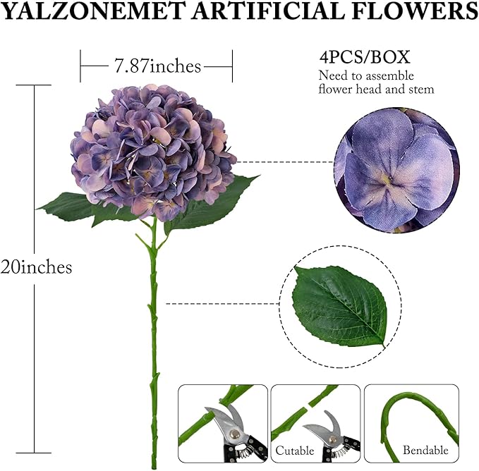 YalzoneMet 4Pcs Purple Silk Hydrangea Artificial Flower Lifelike Big Blooms 20'' Long Stem Faux Hydrangea Flower Bouquets for Home Party Indoor Outdoor Wedding Table Centerpiece Decor