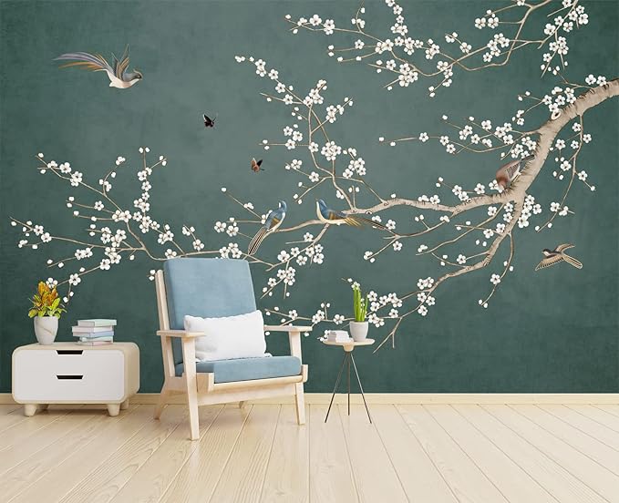 Plum Blossom Flower Bird Chinoiserie Wall Mural Wallpaper for Bedroom 103" x 69"