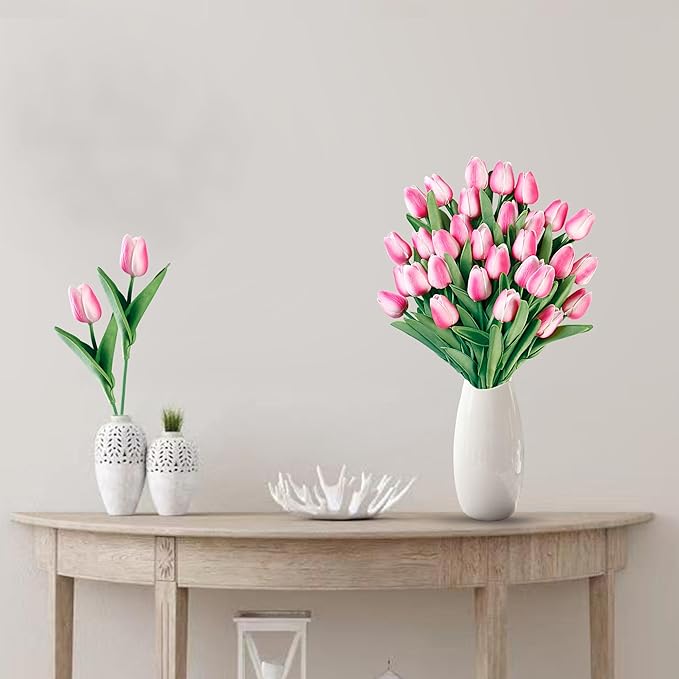 Sggvecsy 15 Pcs Fake Tulips Artificial Flowers Real Touch PU Faux Flowers Tulip Stems for Wedding Spring Bouquet Floral Arrangement Home Party Office Decorations for Mother's Day (Rose Pink)