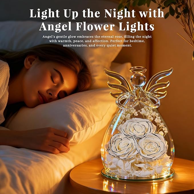 Beferr Christmas Birthday Gifts for Women, Mom Gifts for Christmas Fresh Flowers for Delivery Prime Forever Preserved Rose in Glass Angel, Xmas Gifts for Grandma Wife Sister Her, White Limited Edition