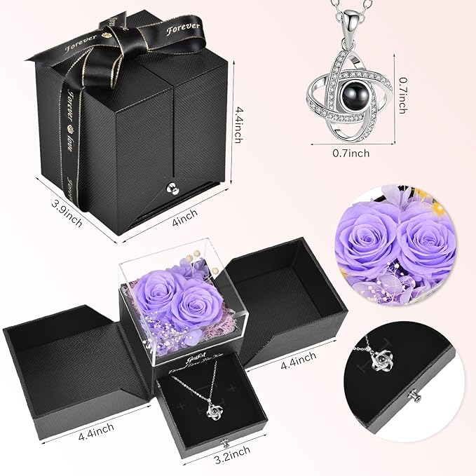 2 Preserved Rose Gift for Women - Eternal Rose with I Love You Necklace - Romantic Birthday Gifts for Girlfriend Mom Her Wife Grandma on Valentines Mothers Day Anniversary Christmas-Light Purple