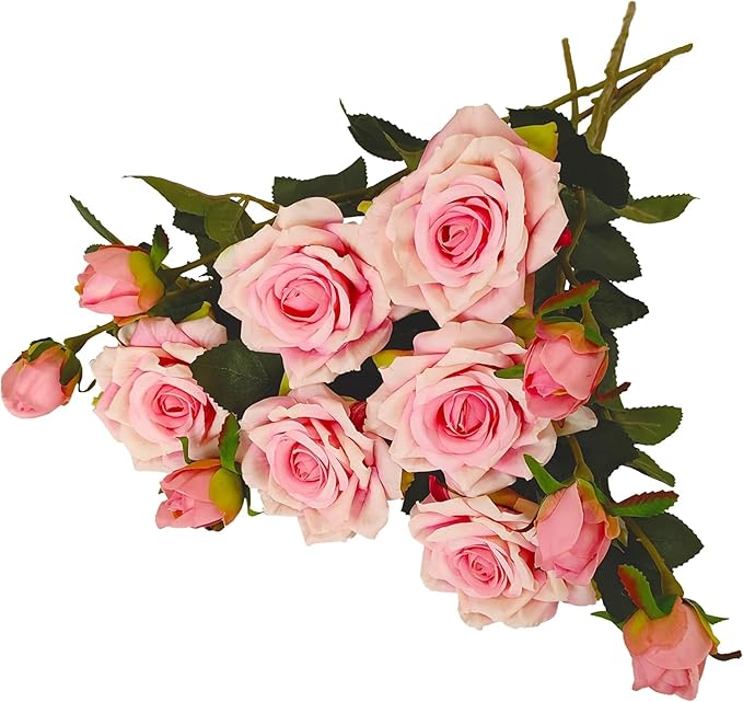 ATFL Fake Pink Roses Flowers, 6 Pcs Faux Silk Real Touch Moisturizing Artificial Pink Rose Flowers for Decoration DIY, Wedding Party, Home Office Decoration and Dining Table Centerpiece (6, Pink)