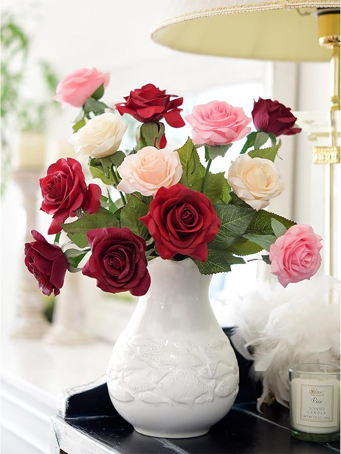 FiveSeasonStuff Rustic Mélange Artificial Roses Real Touch Silk Flowers with 12 Stems Wedding Bridal Bouquet Home Décor (Mix Pink, Burgundy & Purple)