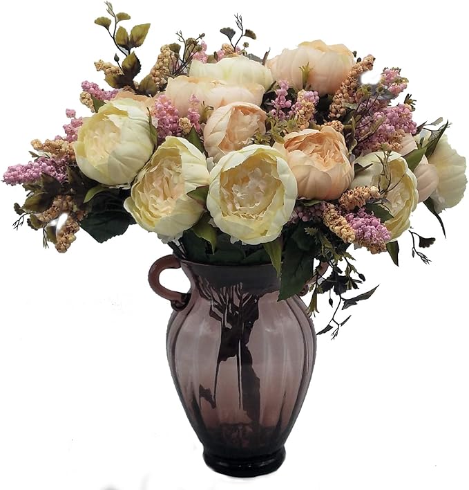 1pcs Artificial Peony Bouquet,19 Inch Silk Peony Bunch with 7 Faux Flowers,Classical Style Artificial Flowers with Leaves and Ornaments for Wedding,Home Décor Centerpieces(White)