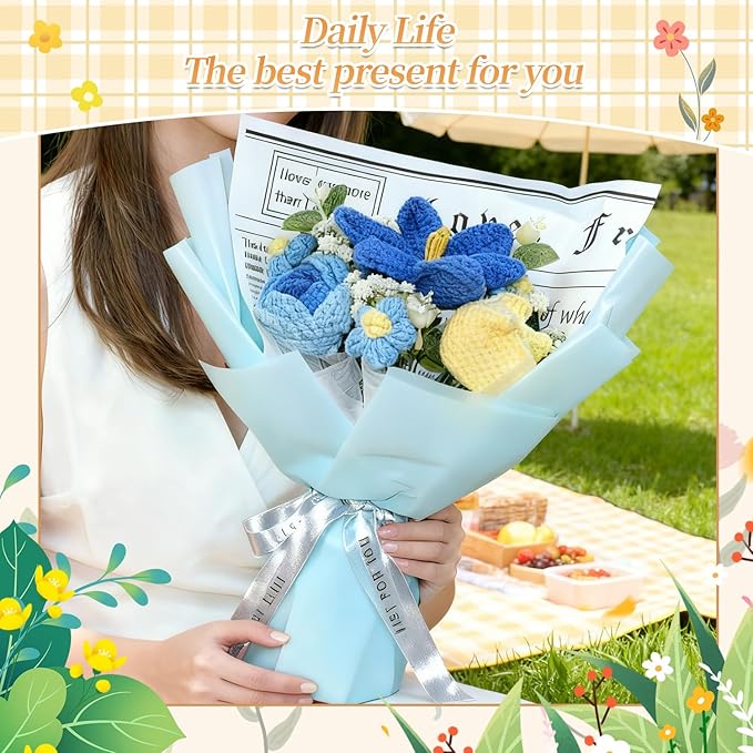 Crochet Flower Bouquet Blue Knitted Flowers Tulips and Blue Roses Daisies Handmade Crochet Flowers Knitted Bouquet Home Decor, Anniversary, Birthday Gift，Mother's Day Graduation Gifts(blue)