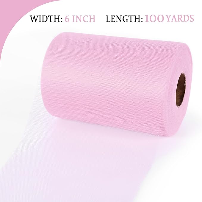 Light Pink Tulle Ribbon 6 Inch x 100 Yards(300ft) Spool Fabric Ribbon Ideal for Tutu Skirt Art Gift Wrapping Flower Bouquet Crafts Weddings Floral Arrangements