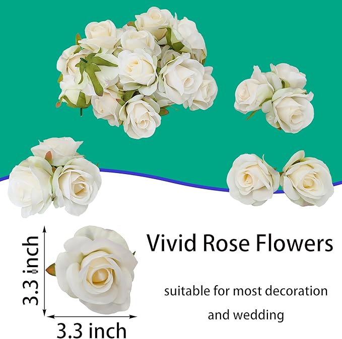 Artificial Satin Rose Flower Heads,42 Pcs Silk Rose Heads with Stems,3.5'' Rose Artificial Flowers Bulk,Artificial Rose Flower Heads for DIY Crafts Bouquet (42, Ivory)