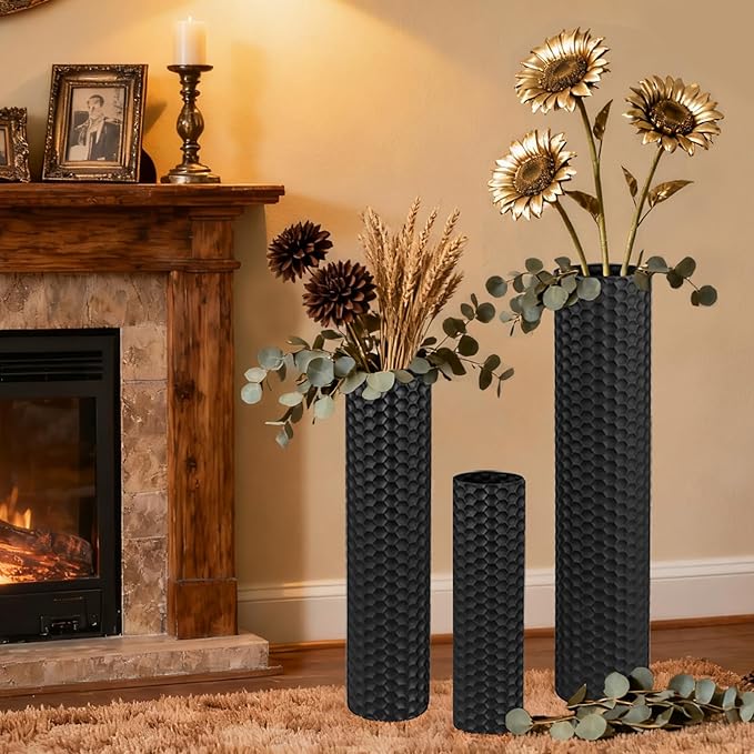 Black Tall Floor Vase - Set of 3 Extra Large Metal Decorative Vases for Living Room, 27.6" Long Modern Honeycomb Texture Big Cylinder Standing Corner Decor for Home Dining Bedroom Pampas Grass