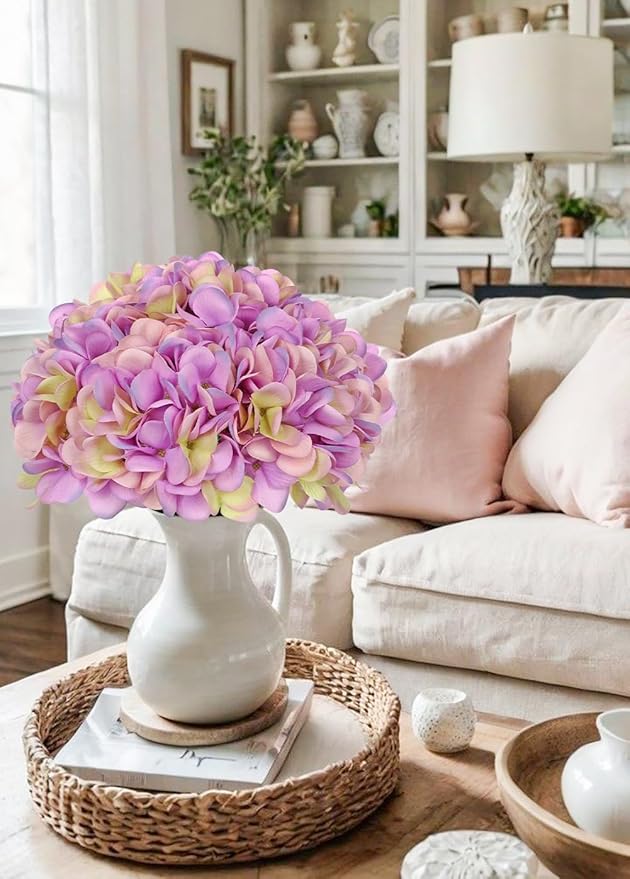 Hollyone 6 Pcs Purple Hydrangea Artificial Flowers Heads with Stems Silk Faux Hydrangea Purple Fake Flowers for Home Indoor Outdoor DIY Floral Wedding Flower Bouquets Kitchen Table Centerpiece Decor