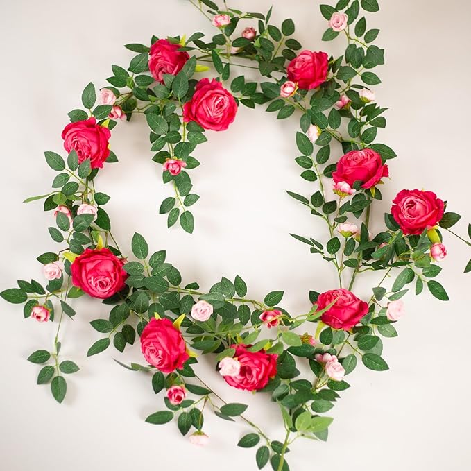 6FT Bendable Flower Garland, Artificial Rose Vine Hanging Floral Garland Decoration for Weding Home Room Wall Decor (Fuchsia, 1pcs)
