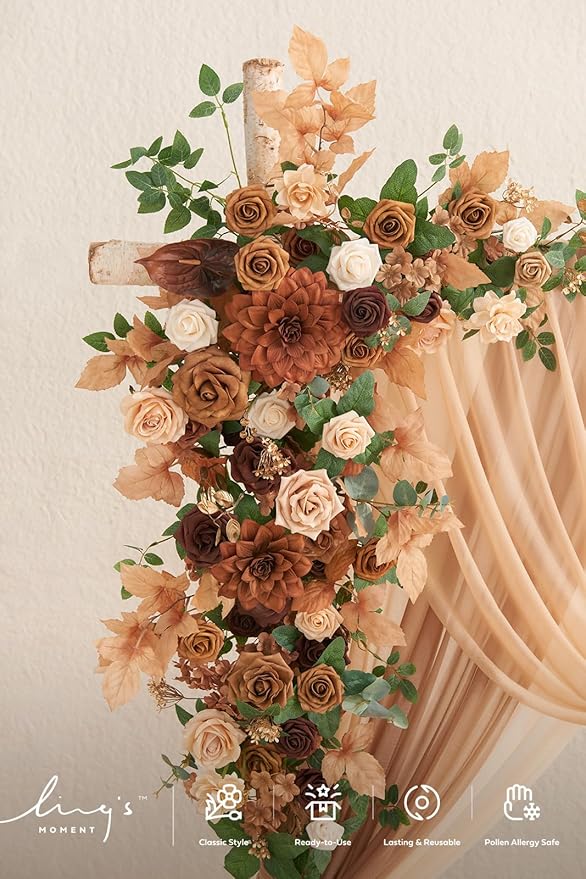 Ling's Moment Deluxe Wedding Arch Flowers with Sheer Drapes Kit - Artificial Walnut Brown Floral Arrangements for Ceremony Backdrop, Garden Arbor Decor, 5-Piece Set (2 Flower Stems + 3 Hanging Drapes)