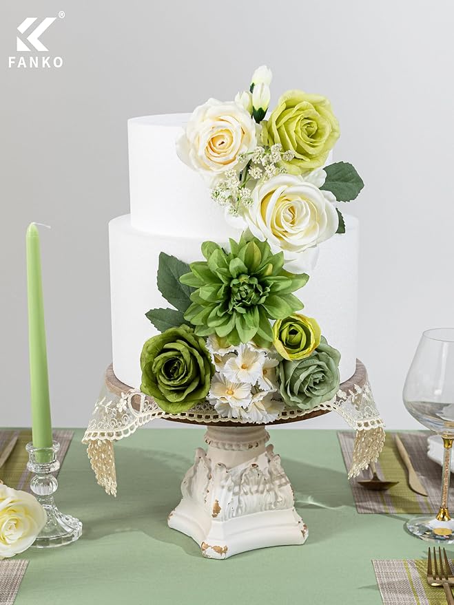 FANKO Artificial Flowers Green Rose, Mixed Silk Fake Flowers Combo Cream White Rose Green Dahlia Vintage Assorted Blooms for DIY Wedding Bridal Bouquets/Centerpieces/Home Decor