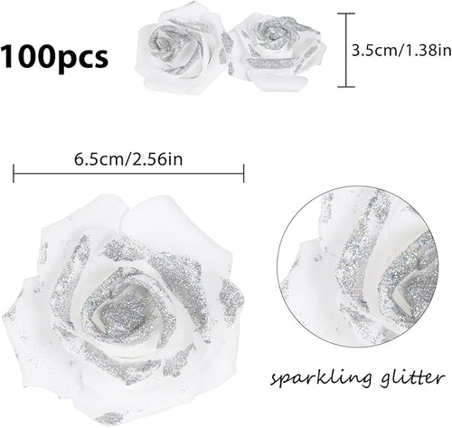100pcs Stemless White Fake Foam Roses with Silver Glitter, 2.56" Artificial Roses for DIY Craft Baby Shower Centerpieces Wedding Flower Decor (White)