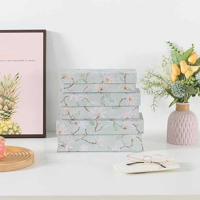 Soul & Lane Decorative Storage Boxes with Lids, Set of 3 Cardboard Boxes for Home Décor and Documents, Memory Organizers for Keepsakes with Magnetic Closure, Photo Storage, Ethereal Blossom