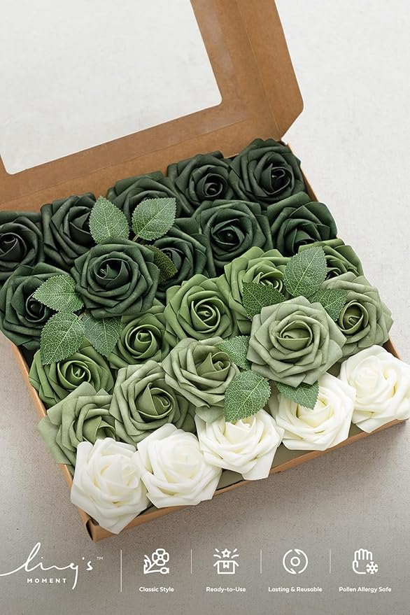 Ling's moment Artificial Flowers, 25Pcs 3" Roses in Emerald Green Shades, Realistic DIY Foam Floral Fill for Wedding Bouquets/Centerpieces, Outdoor Party Backdrops, Room/Table, Garden/Pot Decorations