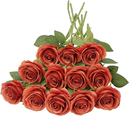 12pcs Roses Artificial Flowers Burnt Orange Fake Roses Flowers with Long Stems Silk Flowers for Wedding Bouquet Centerpices Decorations Party Bridal Baby Shower Home Decor