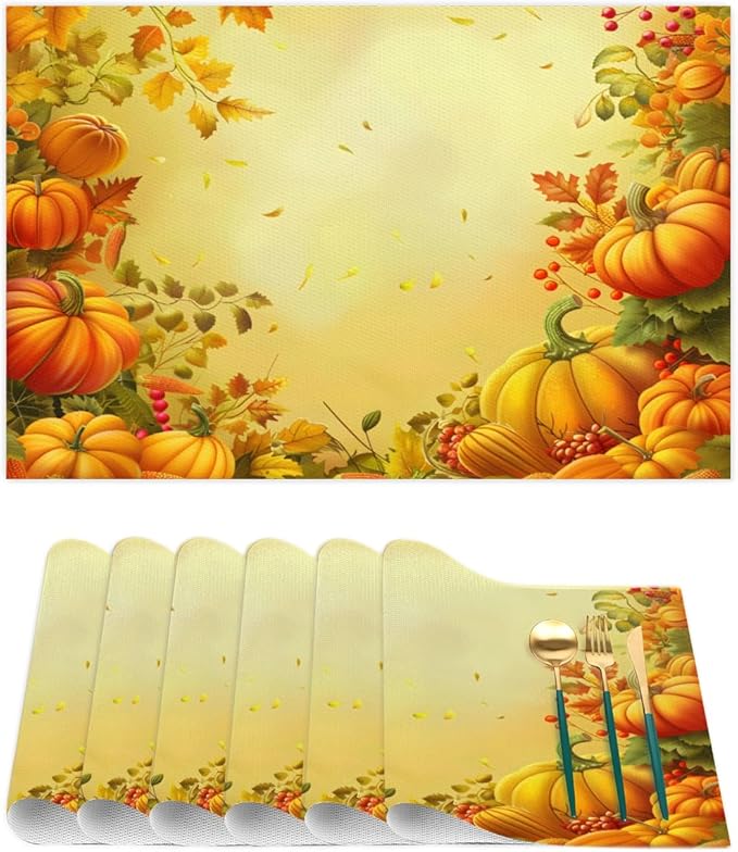 Thanksgiving Fall Yellow Pumpkin Placemats Set of 1 PVC Vinyl Non Slip Table Mats Heat Resistant Place Mats Washable Wipeable Dining Table Mat for Kitchen Decor Party Indoor Outdoor Decorative Gift