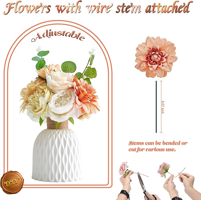 Artificial Flowers Combo Box, Fake Roses Dahlias Silk Flower with Wire Stem, DIY Wedding Bridal Bouquet Baby Shower Party Arrangement Home Décor (Light Orange)
