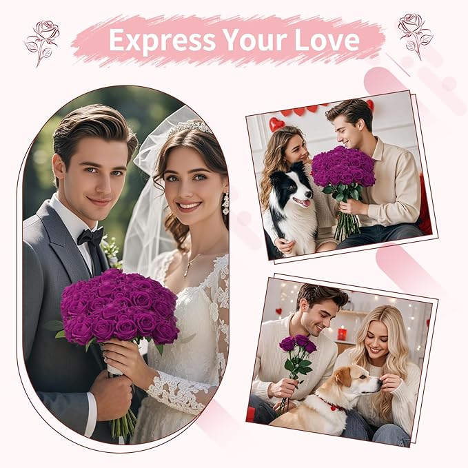 52 PCS Purple Roses Artificial Flowers, Fake Purple Roses, Purple Artificial Roses with Stems for Wedding Flowers Decoration, Valentines Roses, Wedding Decoration