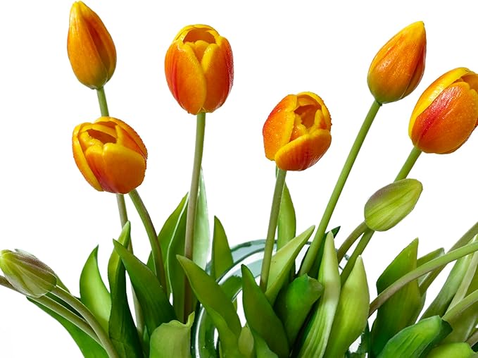 15pcs Artificial Tulips Flowers, Real Touch Latex Bouquet, Fake Tulips for Office Wedding Party Home Kitchen Garden Decoration-B Orange