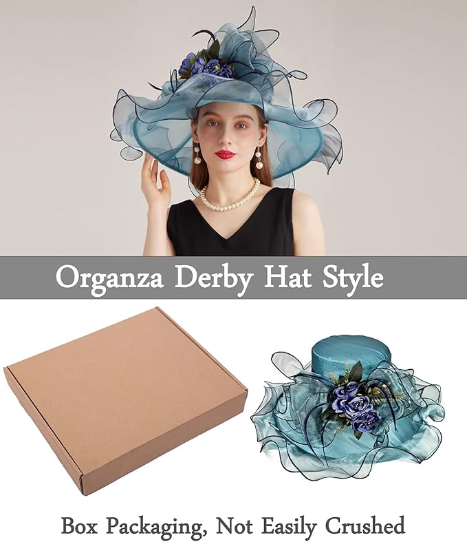Organza Derby Hats for Women Wide Brim Fascinator Hat Rose Flower Wedding Tea Party Hat
