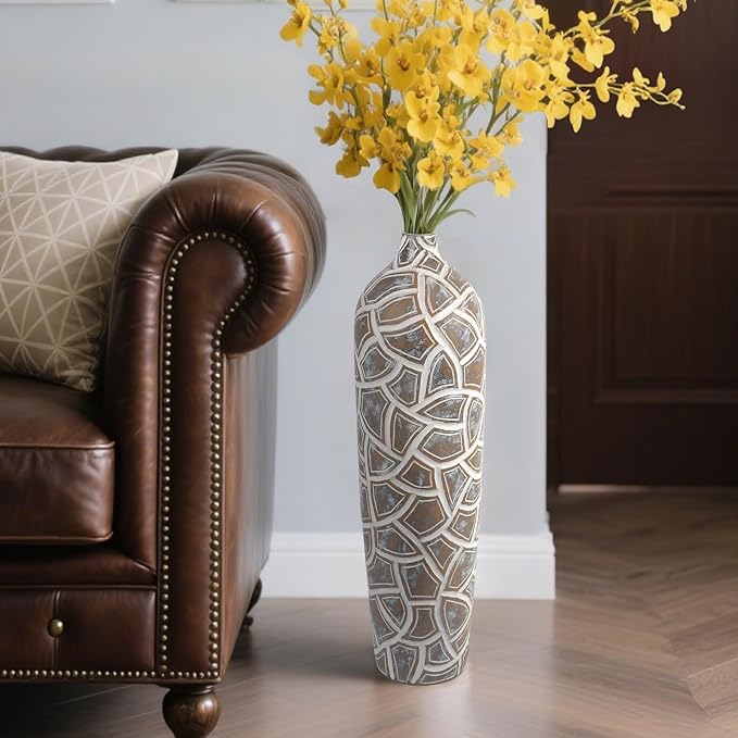 Modern Large Floor Vase,Brown Carved Texture Resin Vase for Home Decor,24.6'' Tall Flower Vases for Entryway Living Room