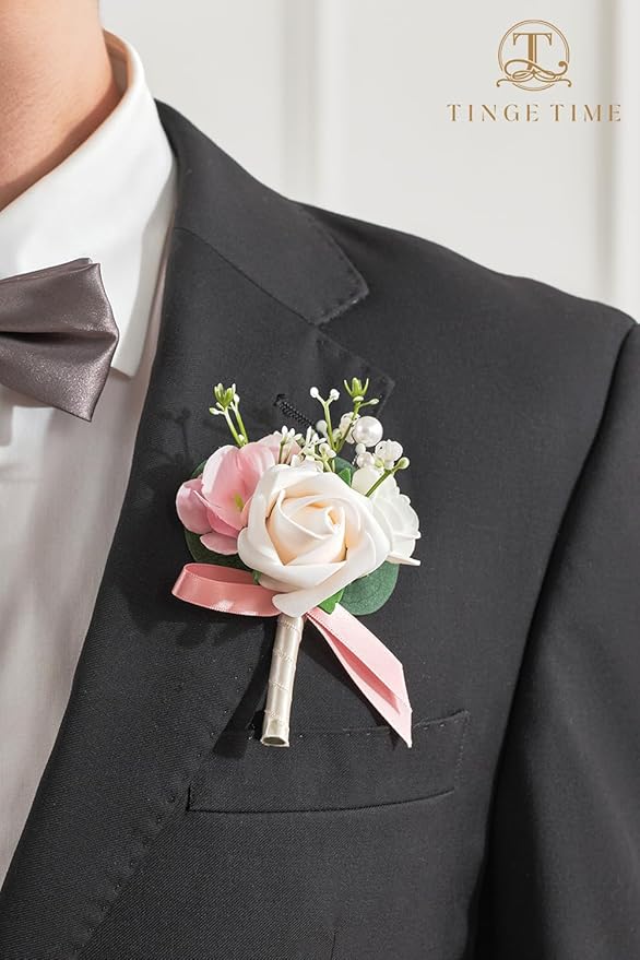 TINGE TIME Boutonniere for Men Wedding,Groom and Best Man Boutonniere for Wedding Ceremony Anniversary, Formal Dinner Party and Rustic Spring Wedding Marriage (10, Champange&Pink)