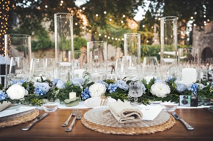 Lvydec 2 Pack Artificial Peony Flower Garland - 6ft Silk Peony Vine Willow Leaves Garland Blue and White Arch Flower Vine for Wedding Party Table Decoration (Blue)