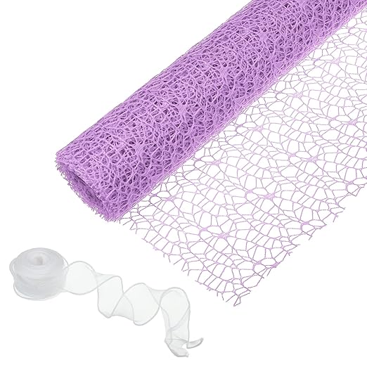 PATIKIL Flower Wrapping Mesh Paper, 15ft Floral Bouquet Craft Packaging Hollow Net Yarn with Ribbon for Flowers Gift Packaging, Purple