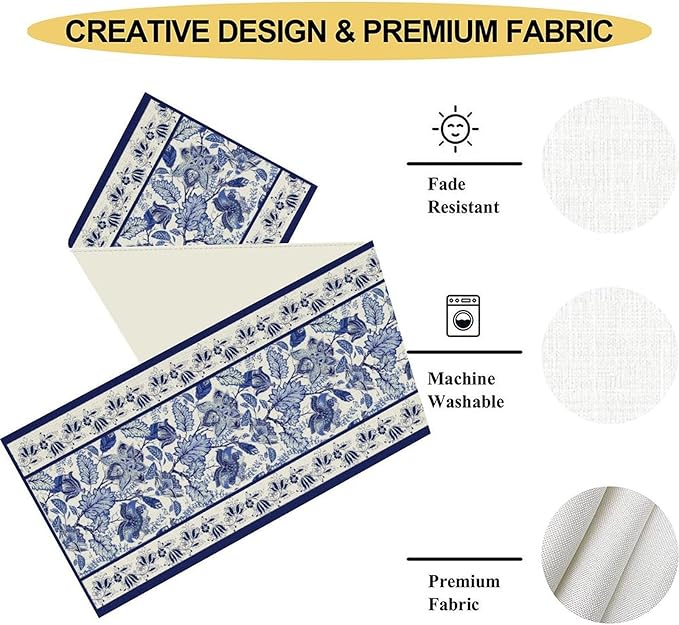 Blue Floral Table Runner, Rustic Vintage Paisley Floral Retro Boho Art Linen Coffee Table Center Decor for Family Kitchen Farmhouse Holiday Party Table Decorations Indoor Outdoor 13x36 inch