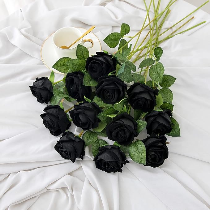 Hawesome Fake Roses Artificial Silk Flowers - 12 Pcs Black Roses Artificial Faux Flowers with Stems for Home Wedding Centerpiece Hotel Office Decor
